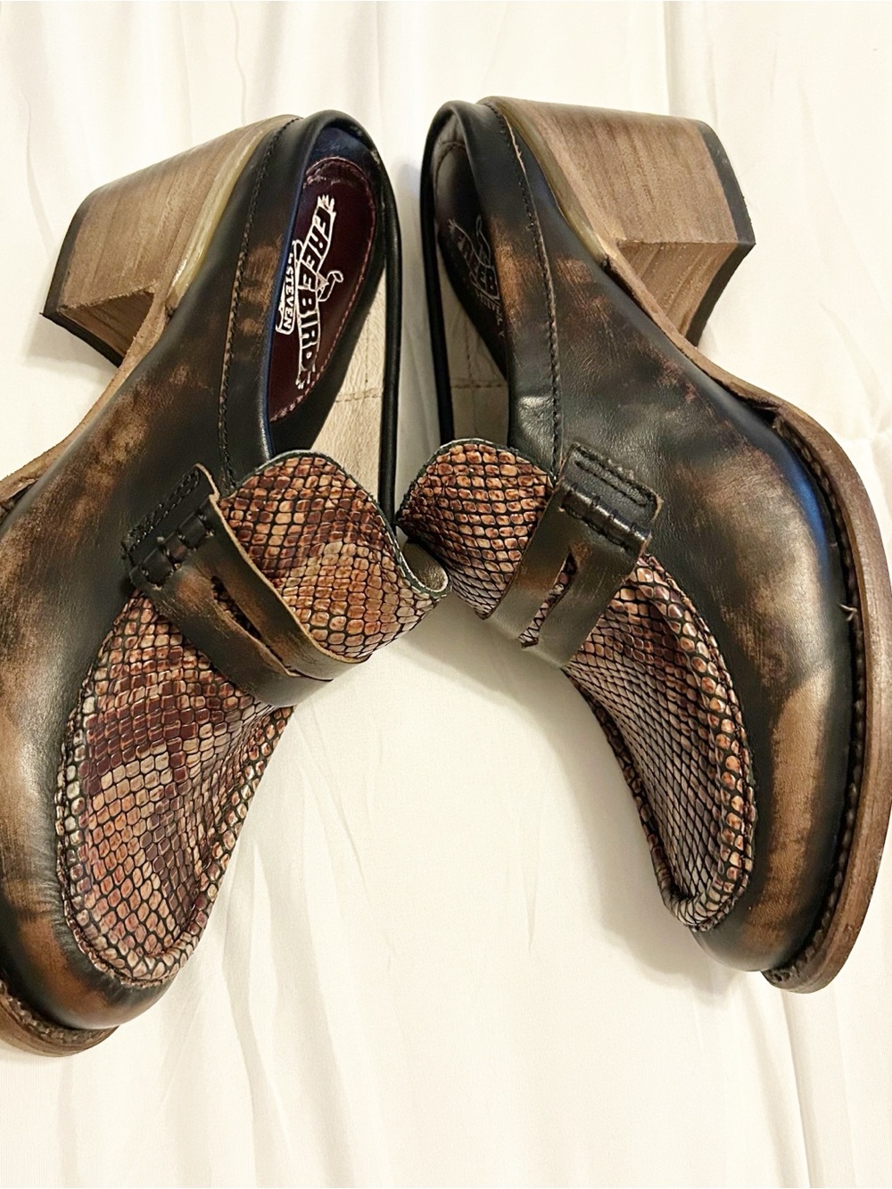 Freebird By Steven Collin’s Brown Mules 8 Leather Snake Embossed Boho Western - Picture 6 of 9